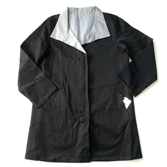 NWT Eileen Fisher Cotton Nylon Reversible Stand Collar in Black Gray Coat S